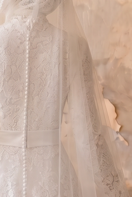 Luxury Modest Tiered Lace A-Line Wedding Dress with High Neck, Long Sleeves and Cathedral Train Plus Size