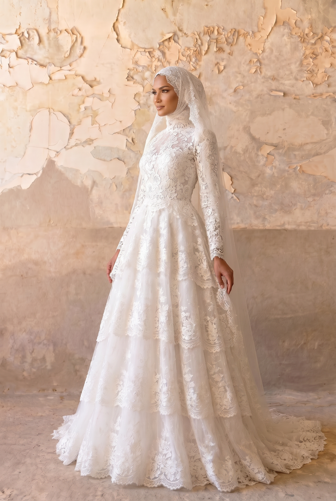 Luxury Modest Tiered Lace A-Line Wedding Dress with High Neck, Long Sleeves and Cathedral Train Plus Size