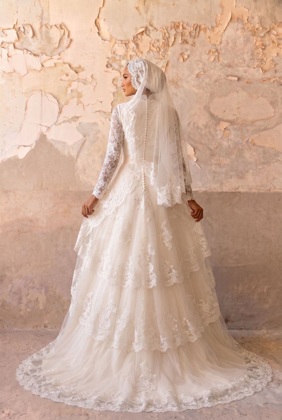 Luxury Modest Tiered Lace Wedding Dress with High Neck- Long Sleeves and Cathedral Train Plus Size