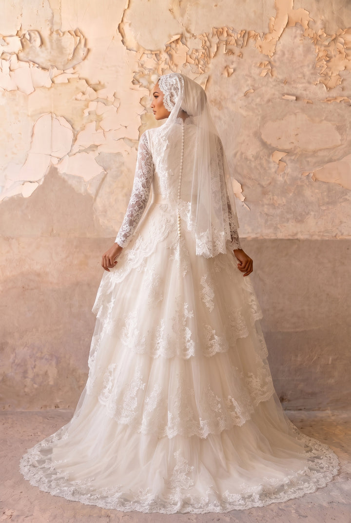 Luxury Modest Tiered Lace Wedding Dress with High Neck- Long Sleeves and Cathedral Train Plus Size
