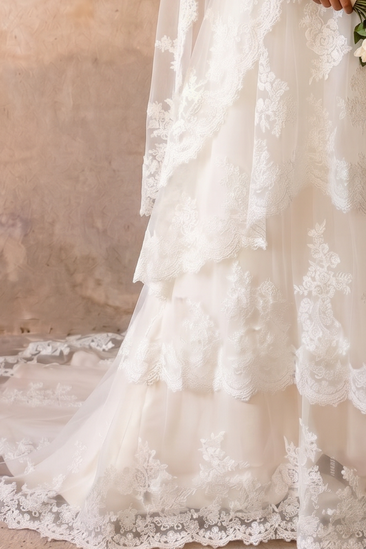 Luxury Modest Tiered Lace Wedding Dress with High Neck- Long Sleeves and Cathedral Train Plus Size