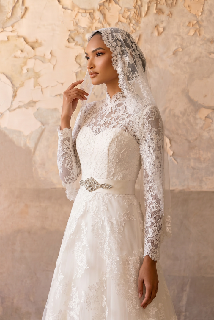 Luxury Modest Tiered Lace Wedding Dress with High Neck- Long Sleeves and Cathedral Train Plus Size