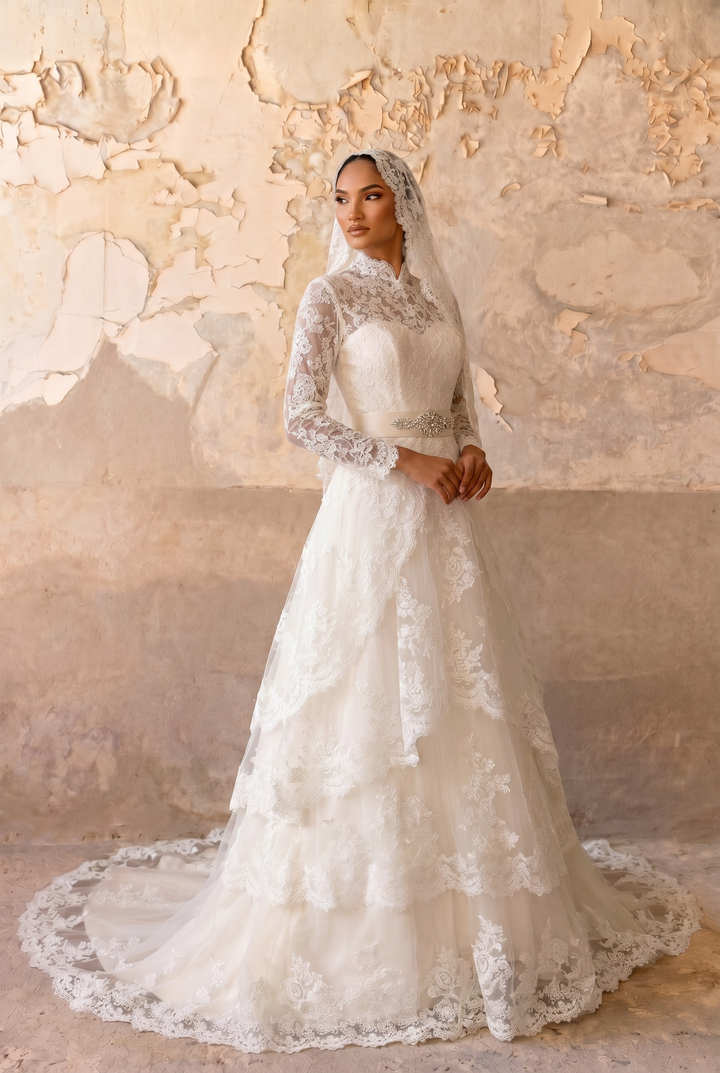Luxury Modest Tiered Lace Wedding Dress with High Neck- Long Sleeves and Cathedral Train Plus Size