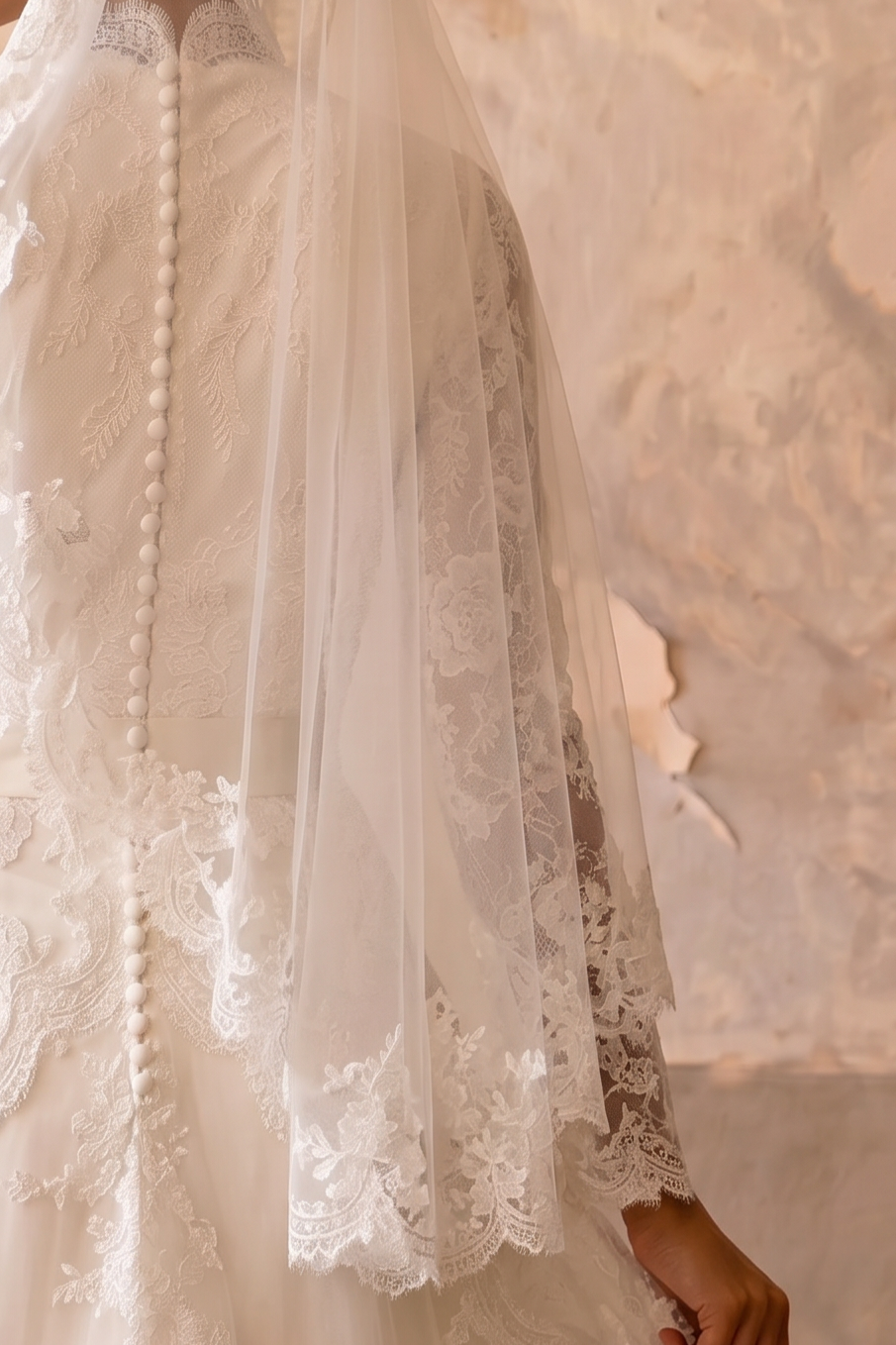 Luxury Modest Tiered Lace Wedding Dress with High Neck- Long Sleeves and Cathedral Train Plus Size