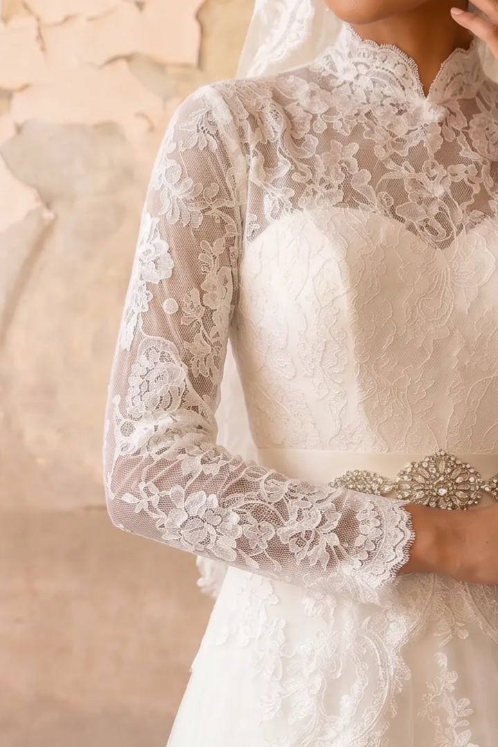 Luxury Modest Tiered Lace Wedding Dress with High Neck- Long Sleeves and Cathedral Train Plus Size