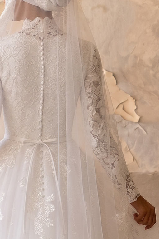 Luxury Modest Wedding Dress with High Neck Lace-Long Sleeves and Layered A-Line Skirt – Elegant Bridal Gown Plus Size