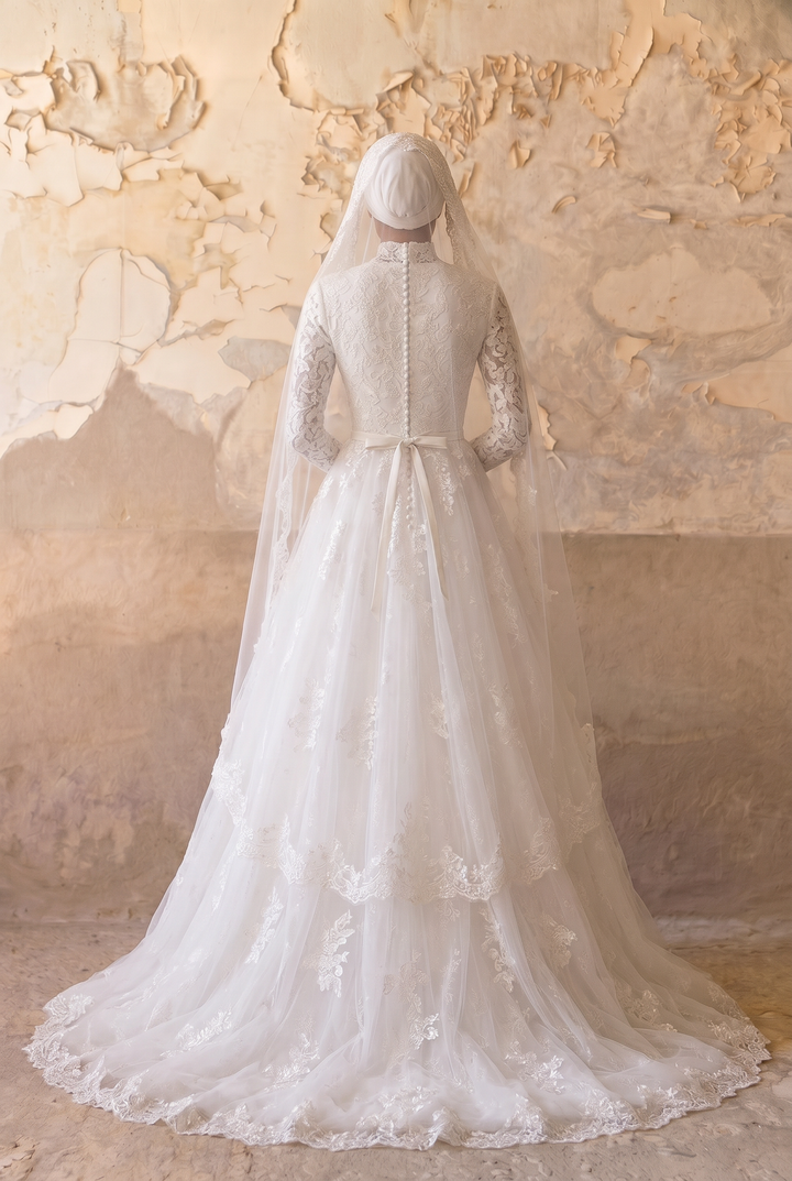 Luxury Modest Wedding Dress with High Neck Lace-Long Sleeves and Layered A-Line Skirt – Elegant Bridal Gown Plus Size