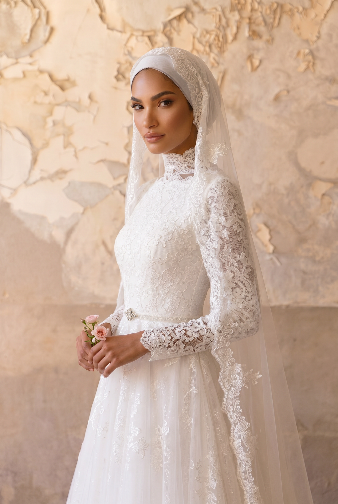 Luxury Modest Wedding Dress with High Neck Lace-Long Sleeves and Layered A-Line Skirt – Elegant Bridal Gown Plus Size