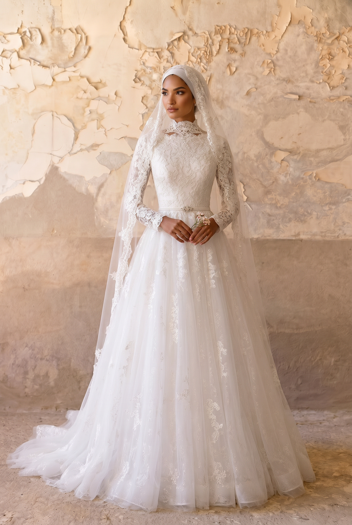 Luxury Modest Wedding Dress with High Neck Lace-Long Sleeves and Layered A-Line Skirt – Elegant Bridal Gown Plus Size