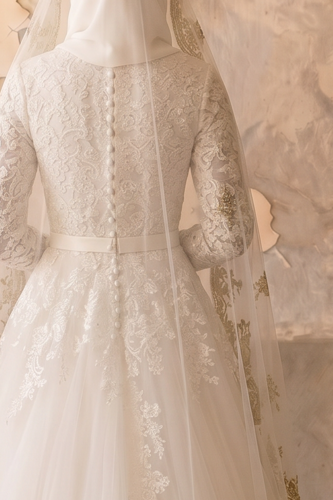 Luxury Modest Wedding Dress with Embroidered Veil-Long Lace Sleeves and A-Line Tulle Skirt – Elegant Bridal Gown Set Plus Size