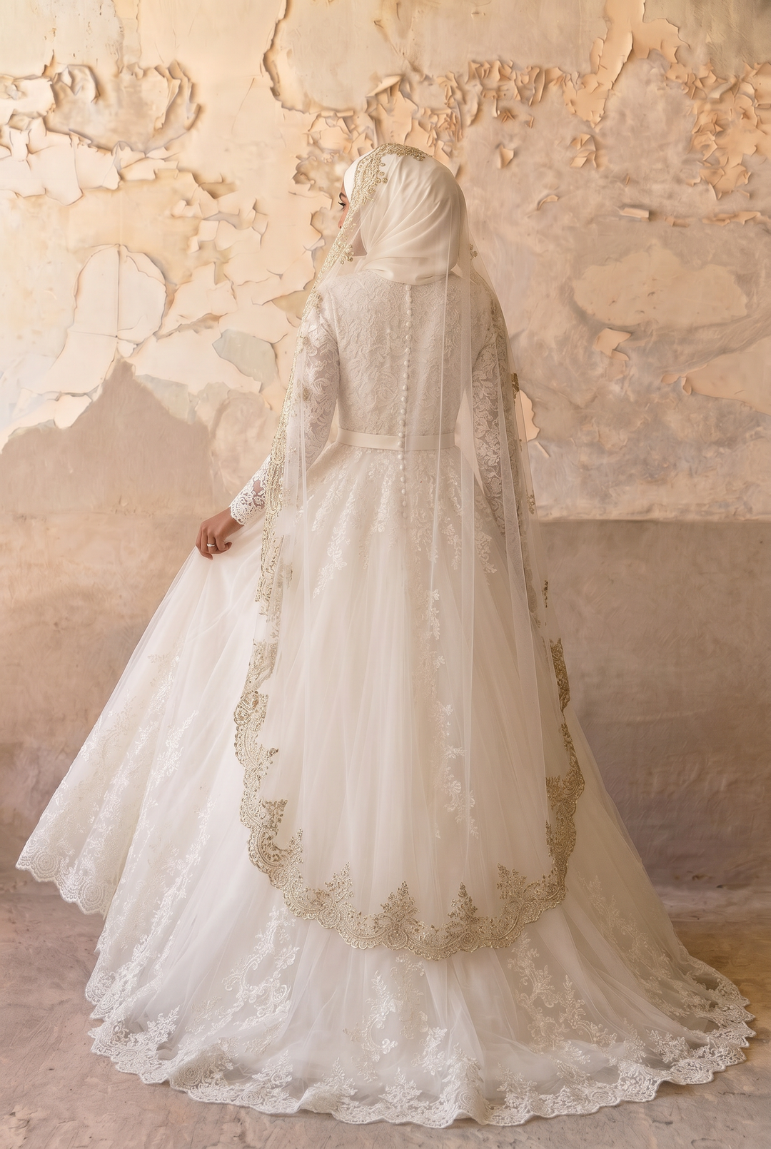 Luxury Modest Wedding Dress with Embroidered Veil-Long Lace Sleeves and A-Line Tulle Skirt – Elegant Bridal Gown Set Plus Size