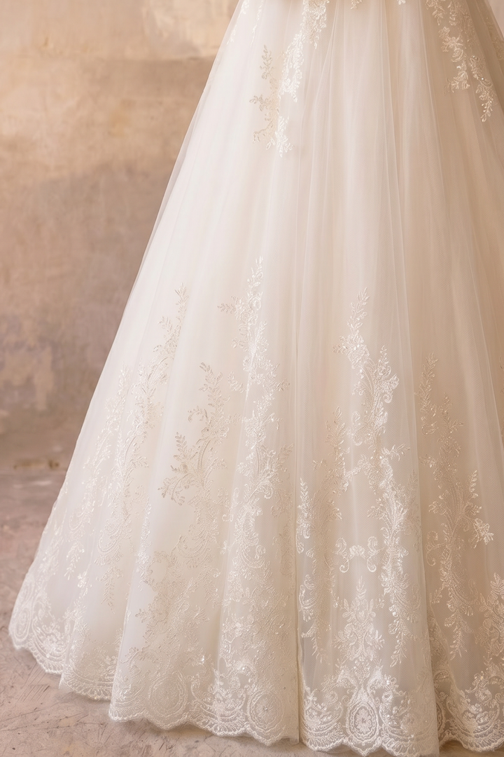 Luxury Modest Wedding Dress with Embroidered Veil-Long Lace Sleeves and A-Line Tulle Skirt – Elegant Bridal Gown Set Plus Size