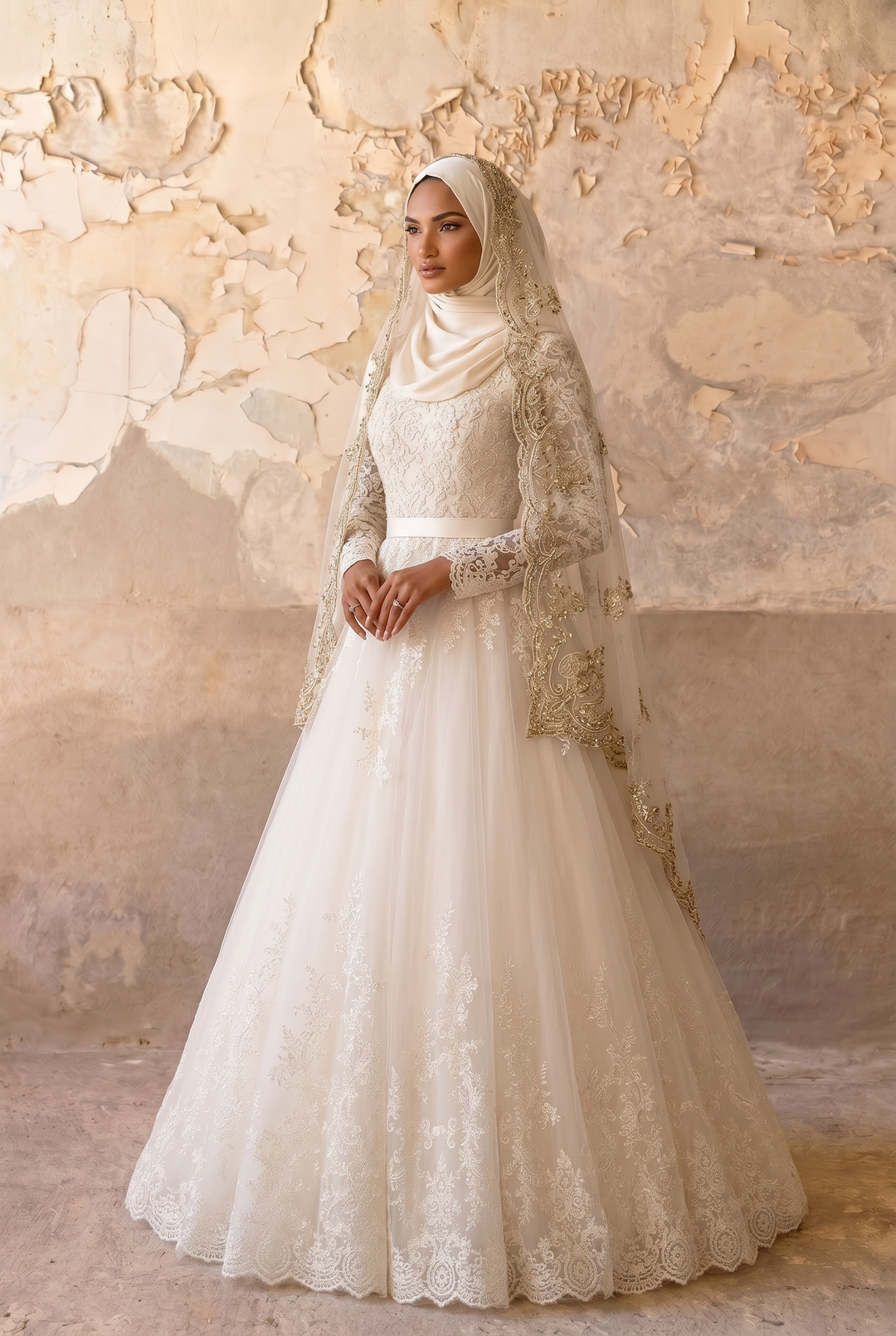Luxury Modest Wedding Dress with Embroidered Veil-Long Lace Sleeves and A-Line Tulle Skirt – Elegant Bridal Gown Set Plus Size