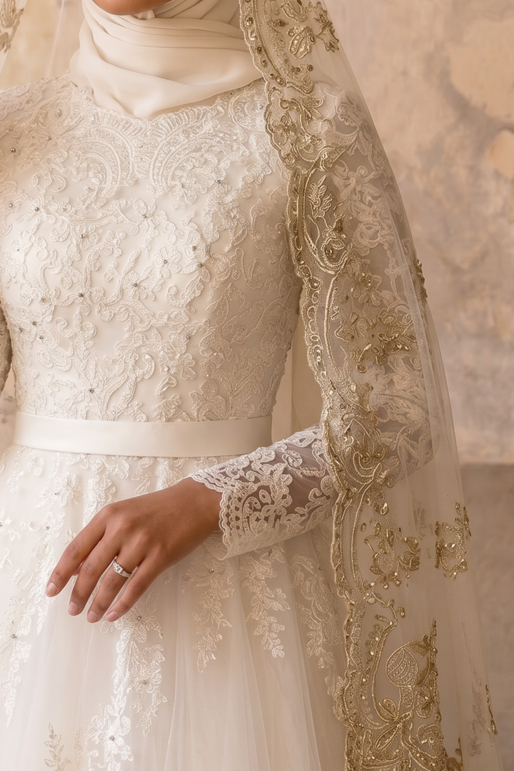 Luxury Modest Wedding Dress with Embroidered Veil-Long Lace Sleeves and A-Line Tulle Skirt – Elegant Bridal Gown Set Plus Size
