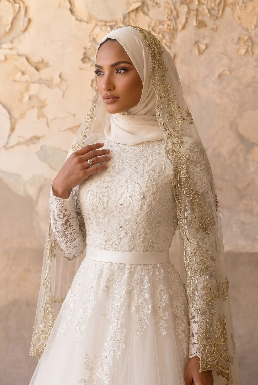Luxury Modest Wedding Dress with Embroidered Veil-Long Lace Sleeves and A-Line Tulle Skirt – Elegant Bridal Gown Set Plus Size