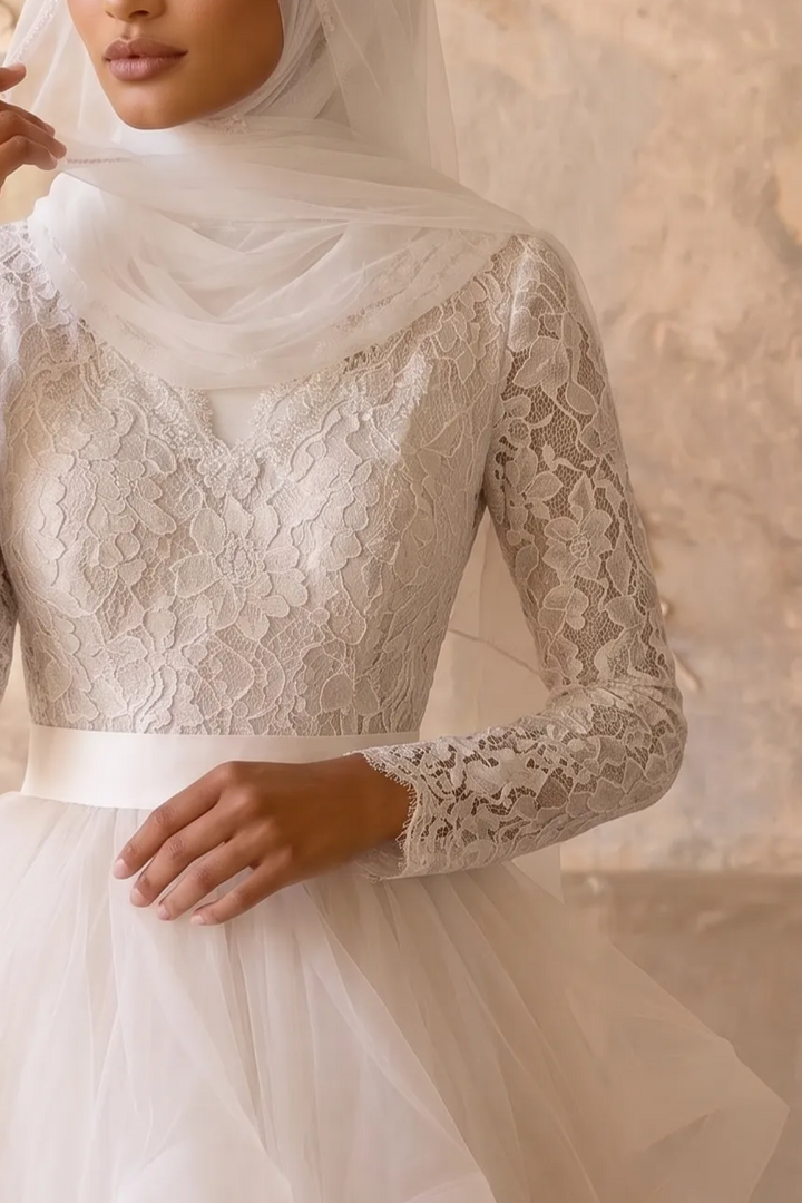 Luxury Modest Wedding Dress with Long Lace Sleeves - Tiered Organza Ruffle Skirt and A-Line Silhouette – Elegant Bridal Gown Plus Size