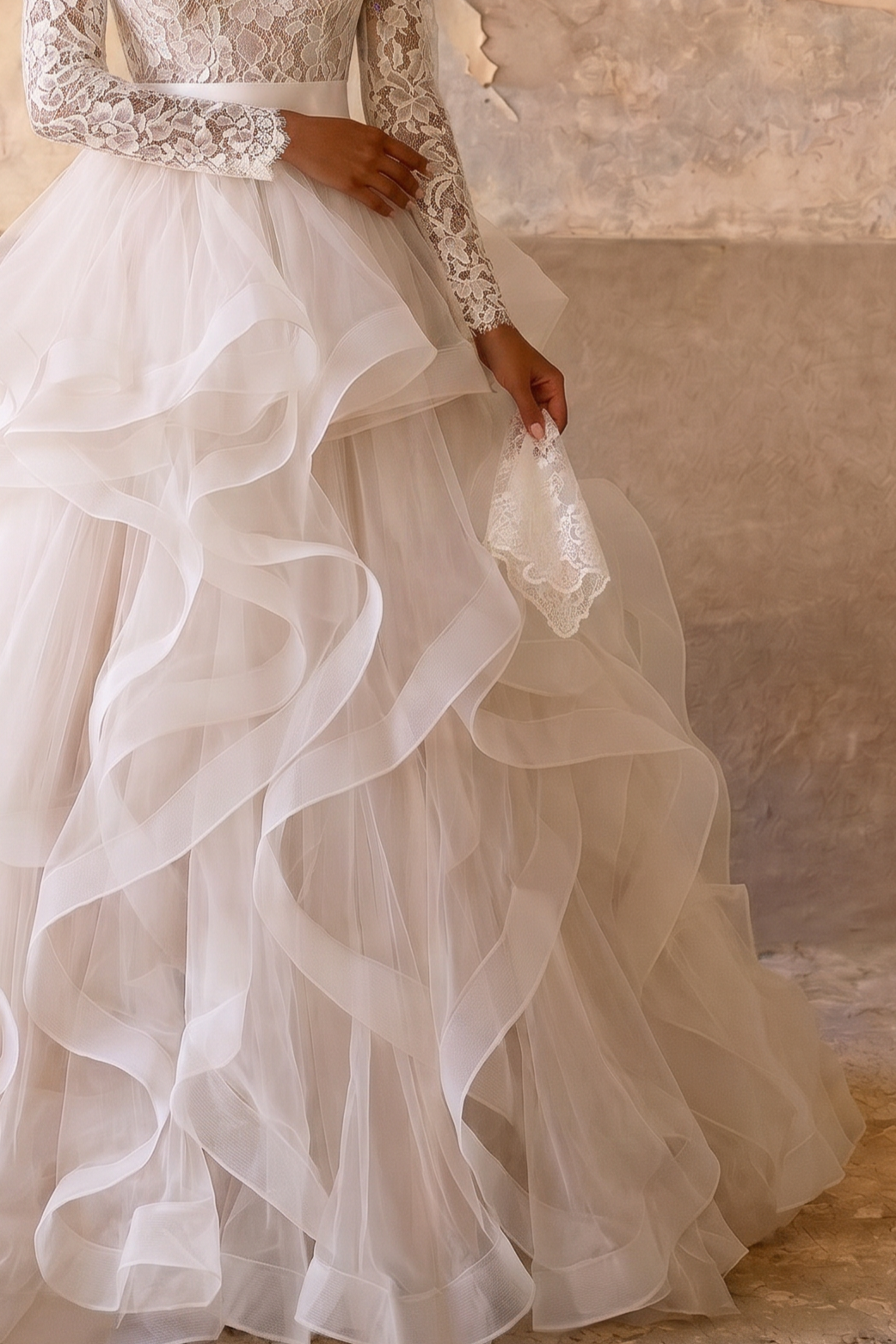 Luxury Modest Wedding Dress with Long Lace Sleeves - Tiered Organza Ruffle Skirt and A-Line Silhouette – Elegant Bridal Gown Plus Size