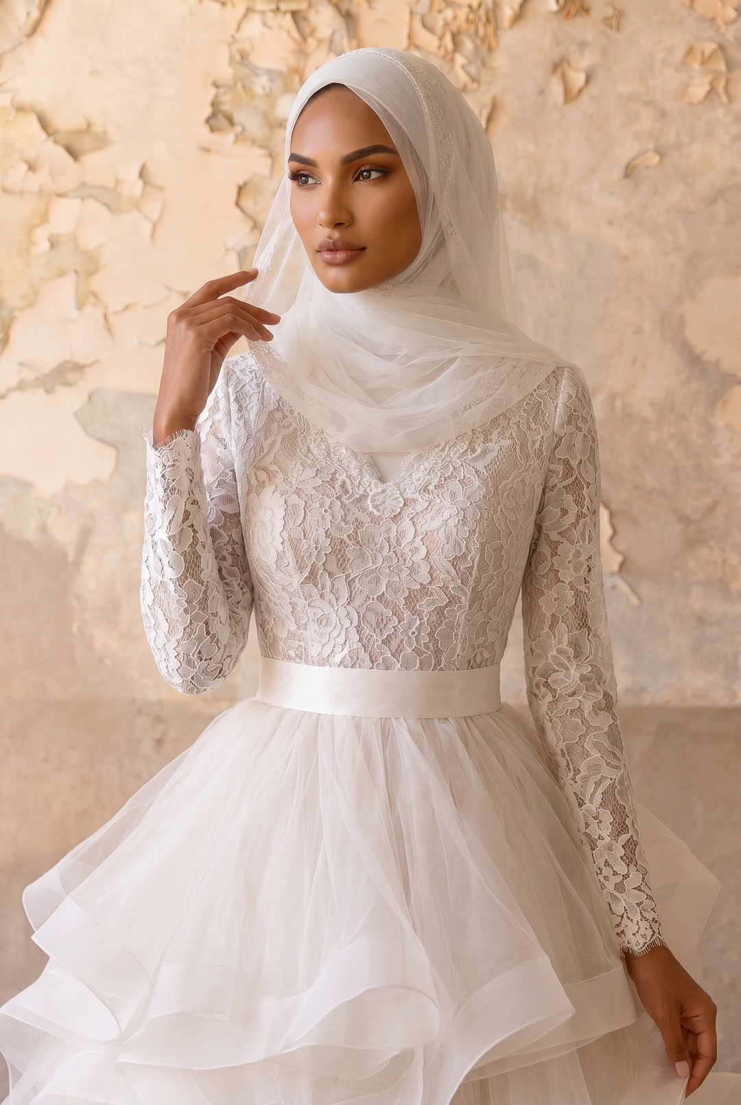 Luxury Modest Wedding Dress with Long Lace Sleeves - Tiered Organza Ruffle Skirt and A-Line Silhouette – Elegant Bridal Gown Plus Size