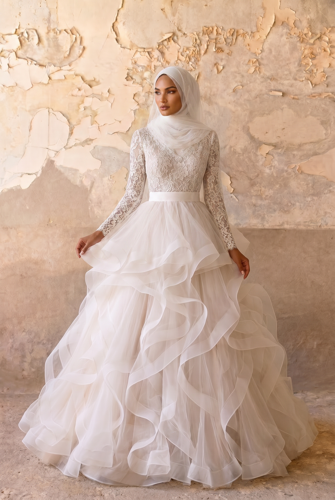 Luxury Modest Wedding Dress with Long Lace Sleeves - Tiered Organza Ruffle Skirt and A-Line Silhouette – Elegant Bridal Gown Plus Size