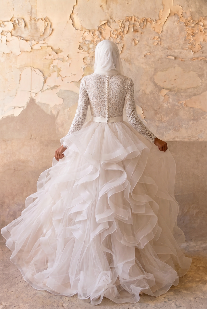Luxury Modest Wedding Dress with Long Lace Sleeves - Tiered Organza Ruffle Skirt and A-Line Silhouette – Elegant Bridal Gown Plus Size