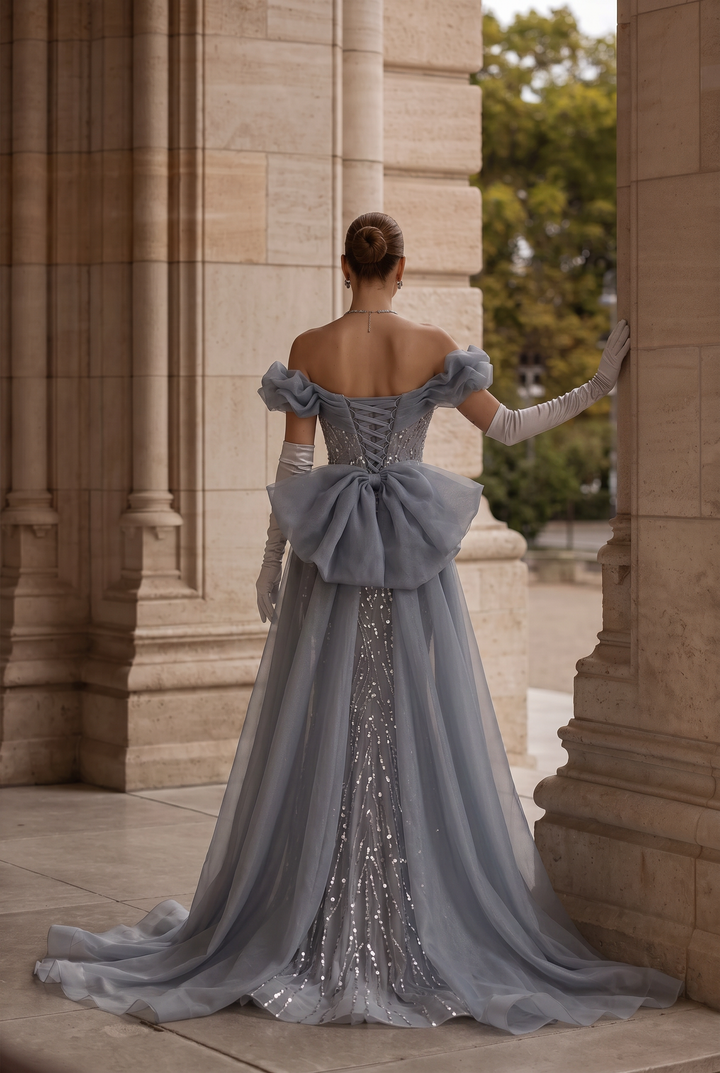 Luxury Blue Off-shoulder Beaded Mermaid Formal Dress With Sequins - Evening Gown Plus Size