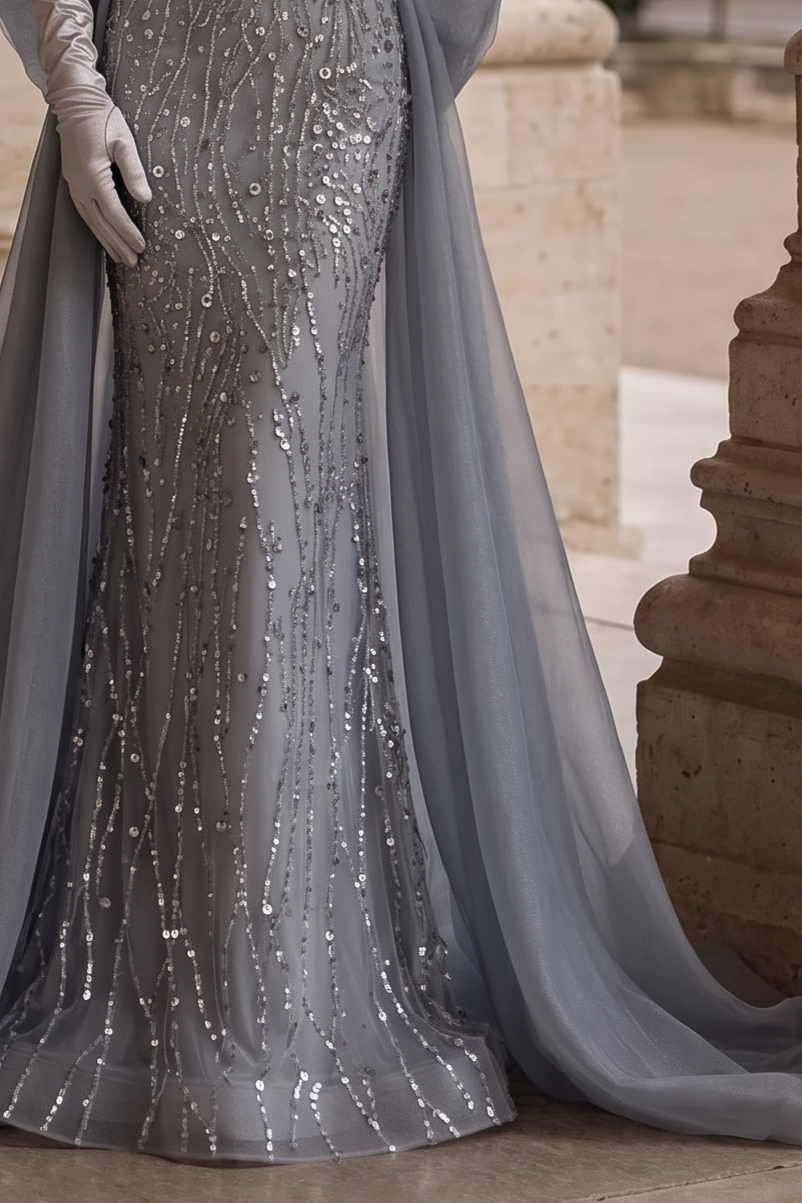 Luxury Blue Off-shoulder Beaded Mermaid Formal Dress With Sequins - Evening Gown Plus Size