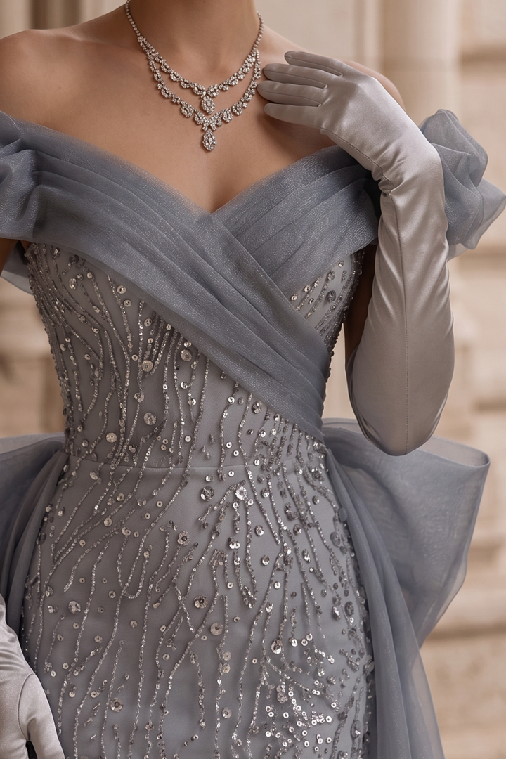 Luxury Blue Off-shoulder Beaded Mermaid Formal Dress With Sequins - Evening Gown Plus Size
