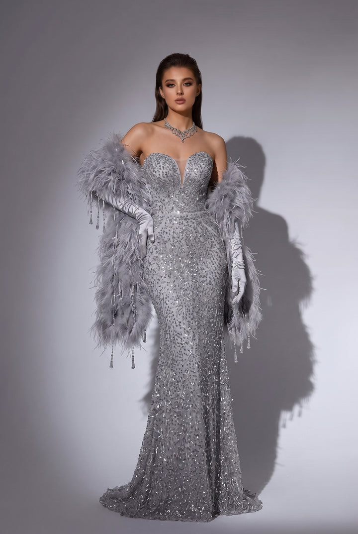Luxury Grey Beaded Mermaid Formal Dress With Feather Shawl - Plus Size
