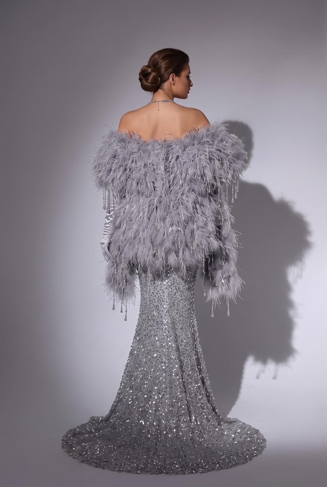 Luxury Grey Beaded Mermaid Formal Dress With Feather Shawl - Plus Size