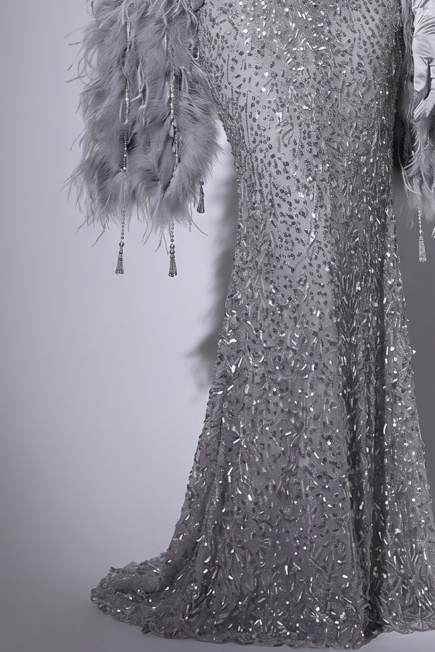 Luxury Grey Beaded Mermaid Formal Dress With Feather Shawl - Plus Size