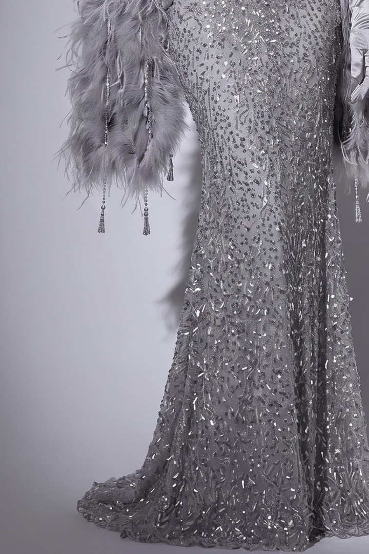 Luxury Grey Beaded Mermaid Formal Dress With Feather Shawl - Plus Size