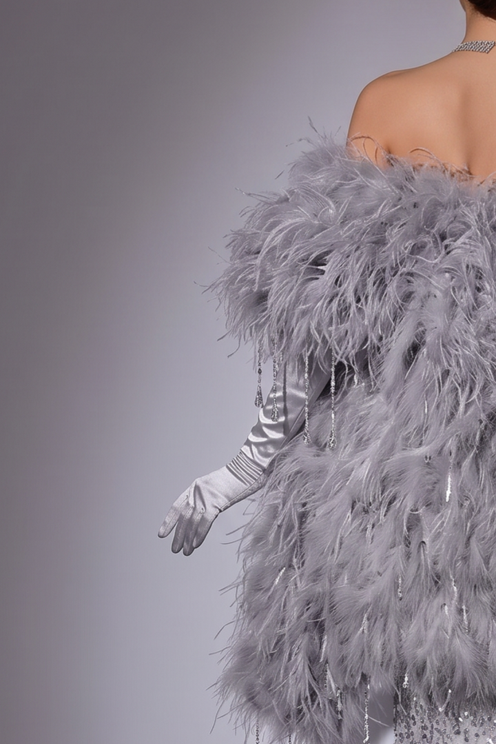 Luxury Grey Beaded Mermaid Formal Dress With Feather Shawl - Plus Size