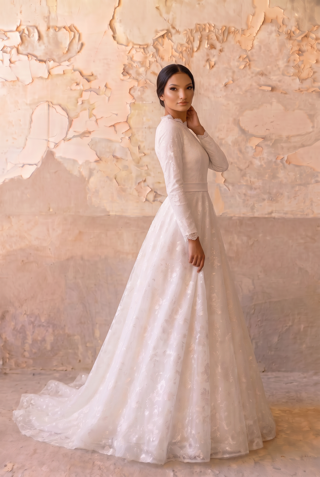 Luxury Modest A-Line Wedding Dress with High Neck-Long Lace Sleeves and Floral Jacquard Satin Plus Size
