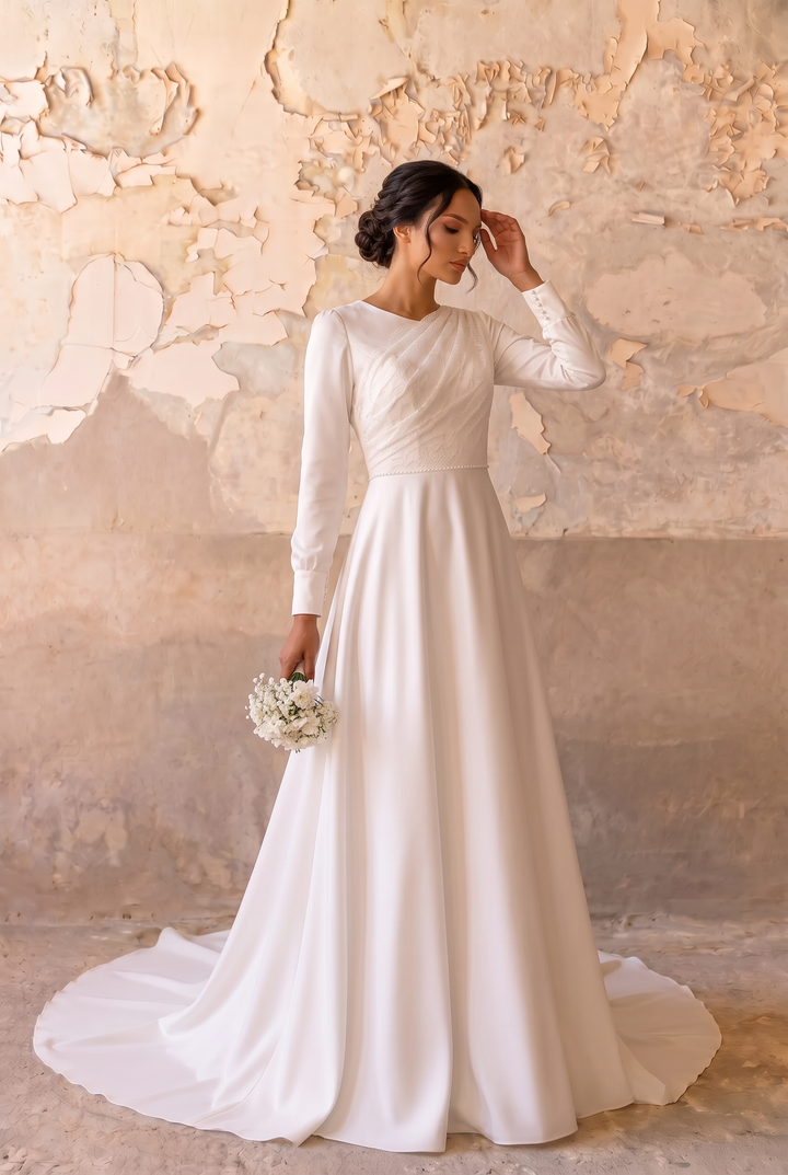 Luxury Modest Satin Wedding Dress with Draped Bodice - Long Sleeves- Cathedral Train and Button Back Plus Size