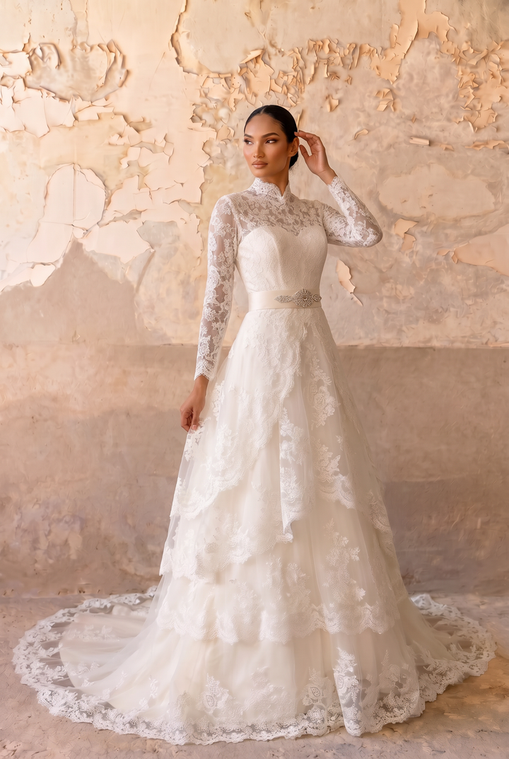 Luxury Modest Tiered Lace Wedding Dress with High Neck- Long Sleeves and Cathedral Train Plus Size