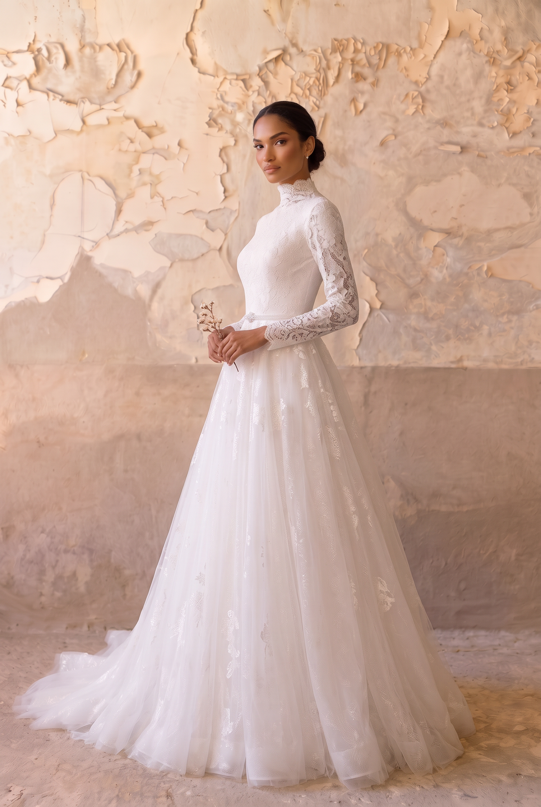 Luxury Modest Wedding Dress with High Neck Lace-Long Sleeves and Layered A-Line Skirt – Elegant Bridal Gown Plus Size