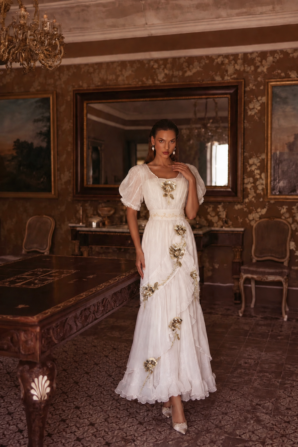 Luxury Regency Inspired White Mermaid Ball Gown With Pearl - Vintage Wedding Bridal Dress - Custom Made Plus Size