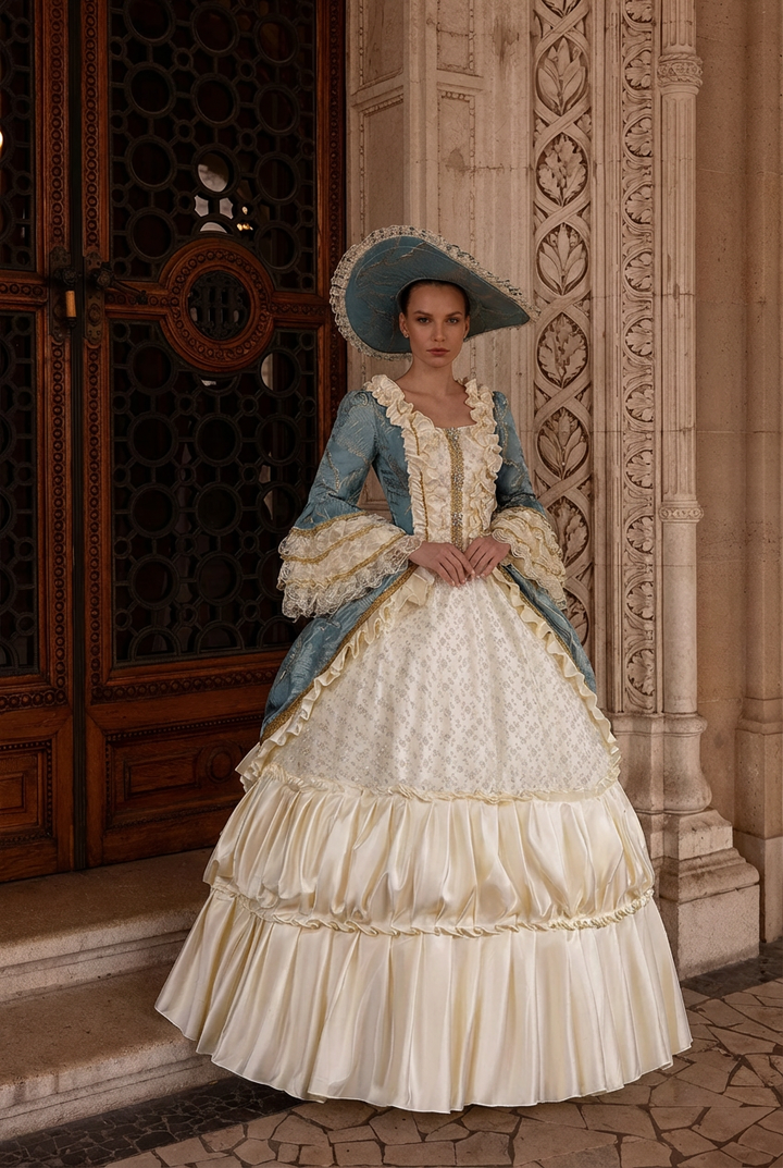 Marie Antoinette Rococo Ball Gown in Powder Blue and Ivory with Lace Bell Sleeves – Baroque Wedding Dress Plus Size
