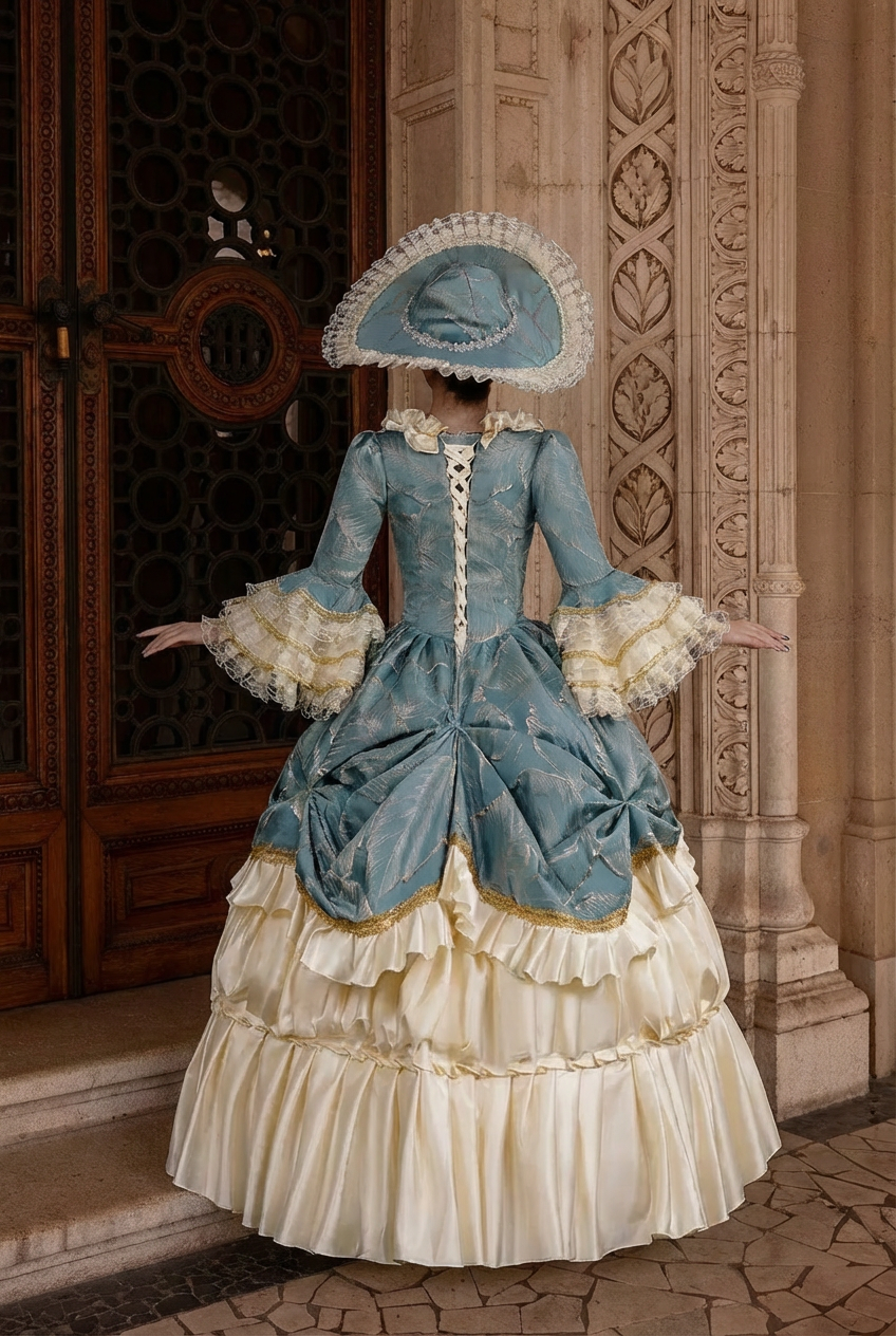 Marie Antoinette Rococo Ball Gown in Powder Blue and Ivory with Lace Bell Sleeves – Baroque Wedding Dress Plus Size