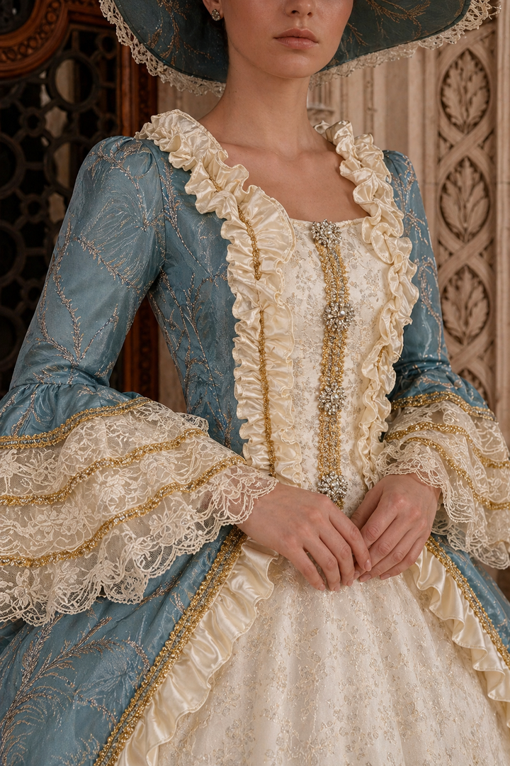 Marie Antoinette Rococo Ball Gown in Powder Blue and Ivory with Lace Bell Sleeves – Baroque Wedding Dress Plus Size