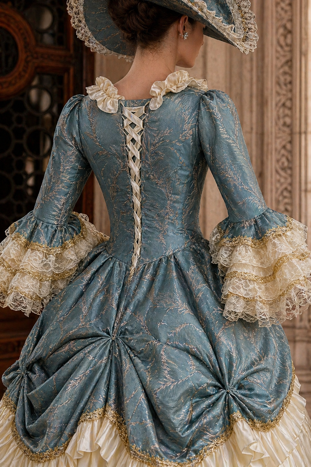 Marie Antoinette Rococo Ball Gown in Powder Blue and Ivory with Lace Bell Sleeves – Baroque Wedding Dress Plus Size
