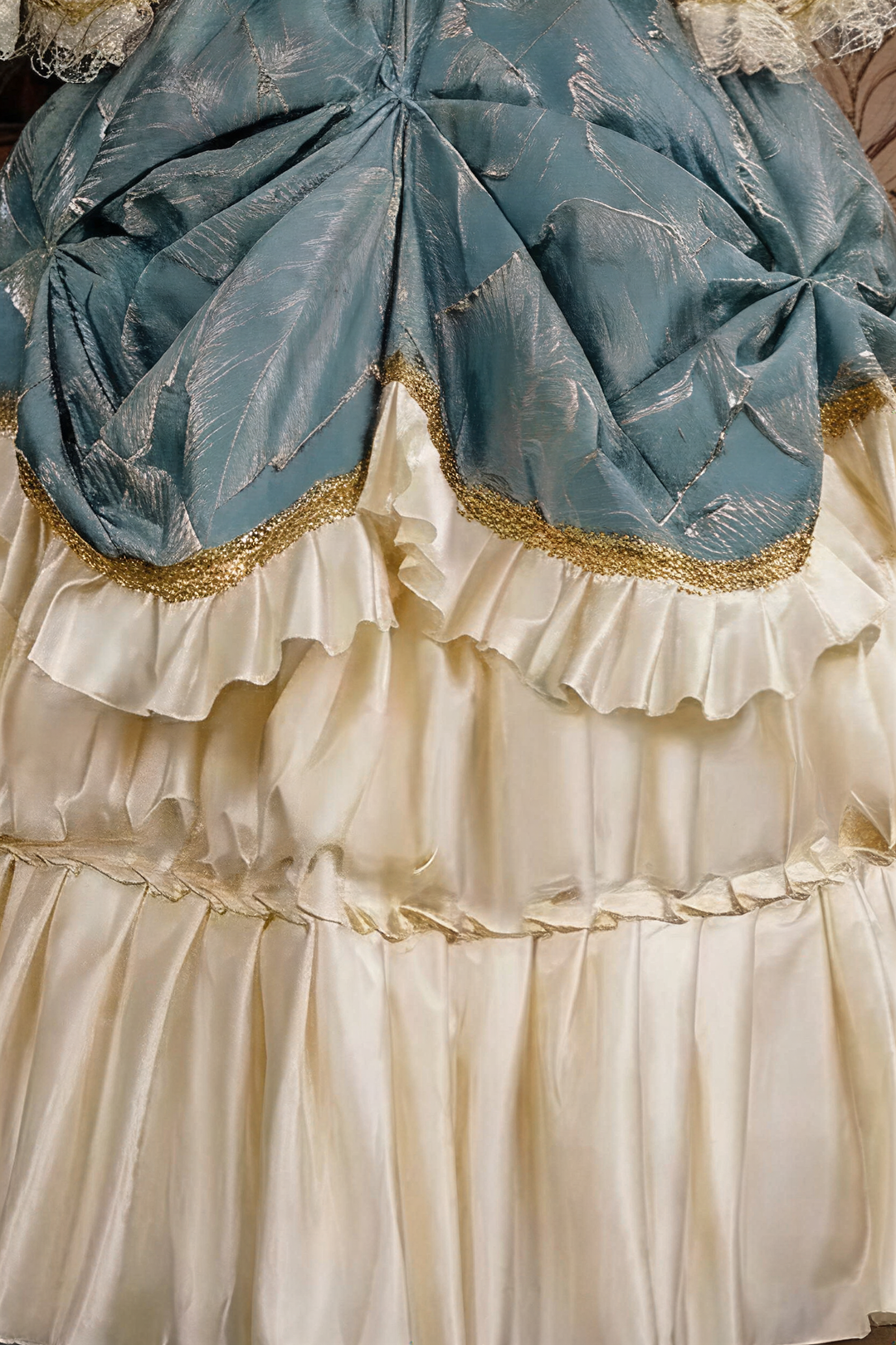 Marie Antoinette Rococo Ball Gown in Powder Blue and Ivory with Lace Bell Sleeves – Baroque Wedding Dress Plus Size