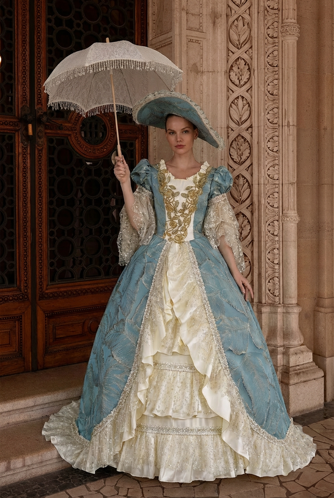 Marie Antoinette Rococo Style Dress in Blue and Ivory with Layered Ski   WonderlandByLilian