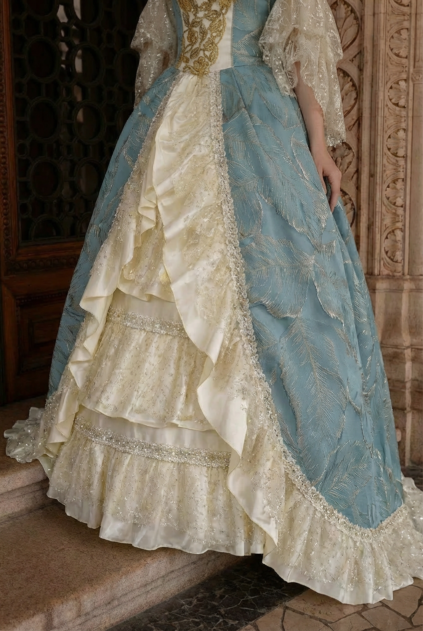 Marie Antoinette Rococo Style Dress in Blue and Ivory with Layered Skirt and Lace Bell Sleeves Baroque Ball Gown Plus Size Marie Antoinette Rococo Style Dress in Blue and Ivory with Layered Skirt and Lace Bell Sleeves Baroque Ball Gown Plus Size