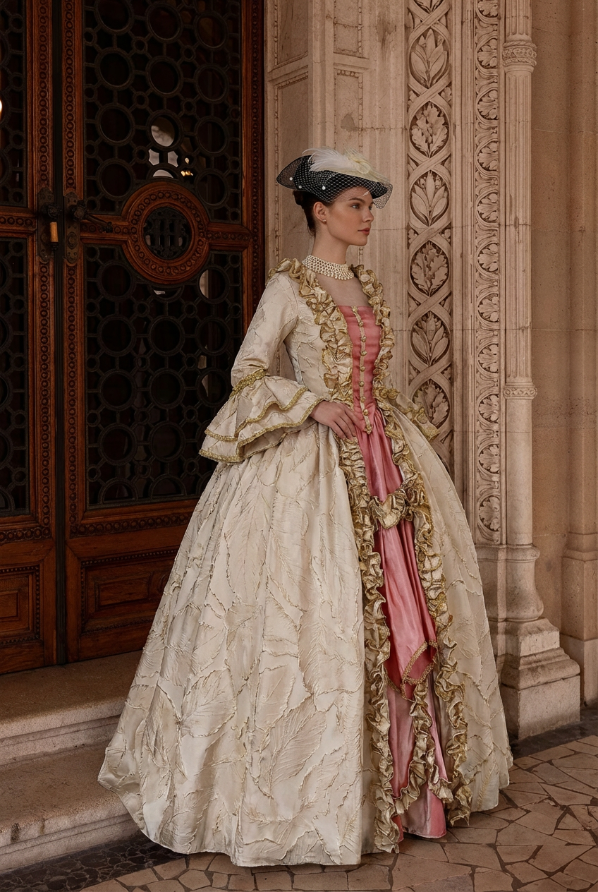 Marie Antoinette Rococo Style Dress in Cream and Rose Pink with Ruffle Trim and Lace Sleeves – Victorian Ball Gown Plus Size