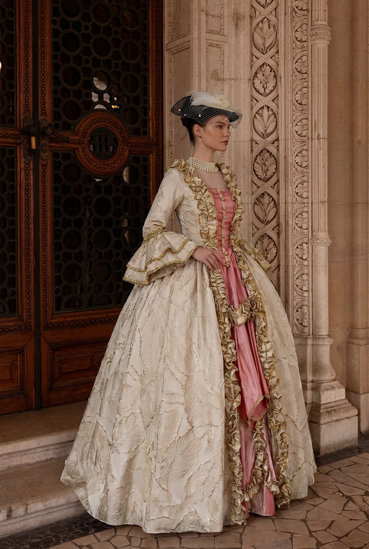 Marie Antoinette Rococo Style Dress in Cream and Rose Pink with Ruffle Trim and Lace Sleeves – Victorian Ball Gown Plus Size