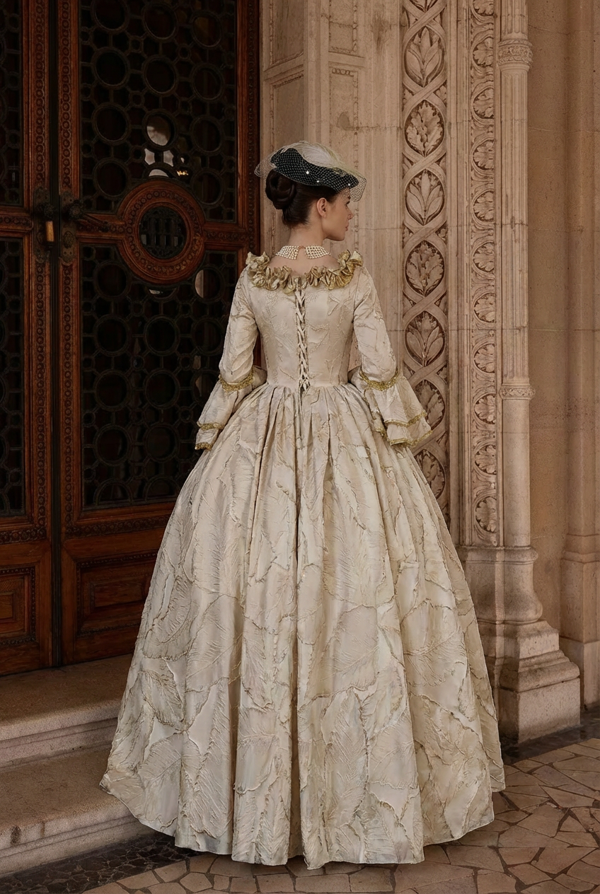 Marie Antoinette Rococo Style Dress in Cream and Rose Pink with Ruffle Trim and Lace Sleeves – Victorian Ball Gown Plus Size