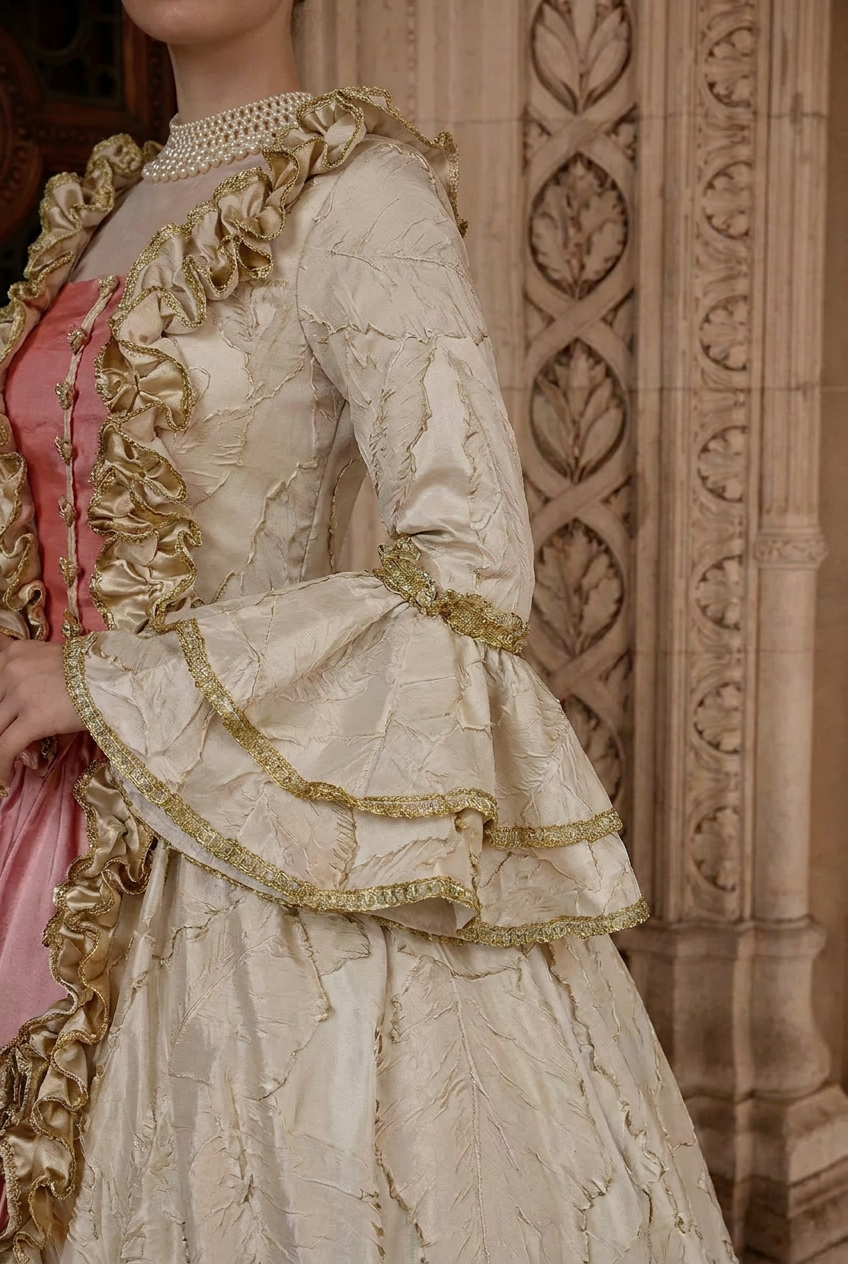 Marie Antoinette Rococo Style Dress in Cream and Rose Pink with Ruffle Trim and Lace Sleeves – Victorian Ball Gown Plus Size