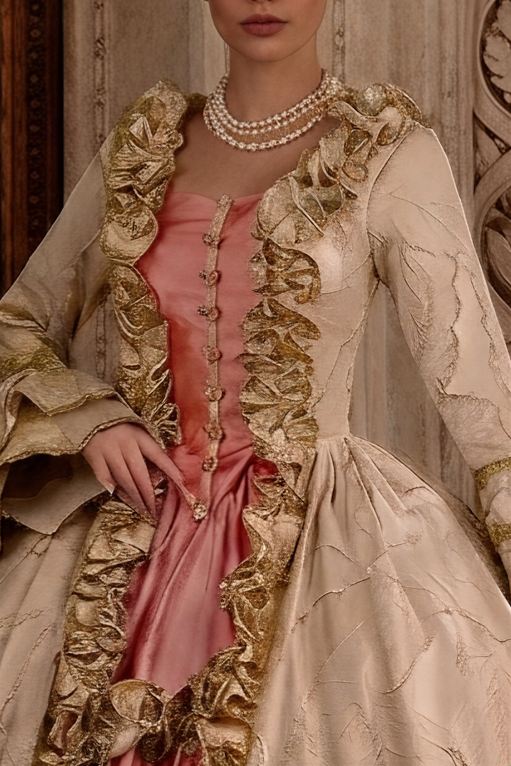 Marie Antoinette Rococo Style Dress in Cream and Rose Pink with Ruffle Trim and Lace Sleeves – Victorian Ball Gown Plus Size