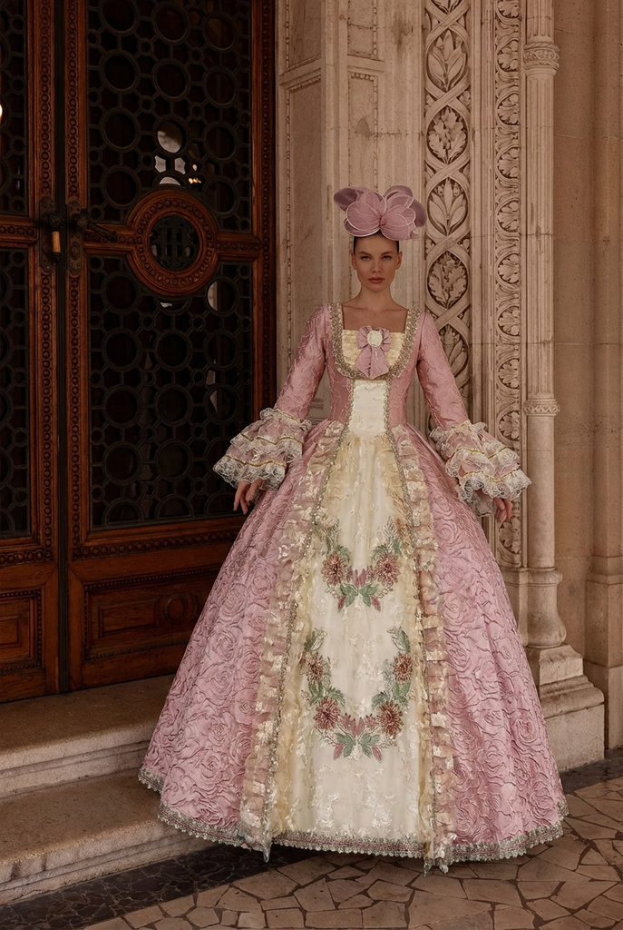 Marie Antoinette Rococo Style Dress in Pink Floral Brocade with Embroidered Front Panel Baroque Wedding Gown Plus Size Size 4 / Pink Marie Antoinette Rococo Style Dress in Pink Floral Brocade with Embroidered Front Panel Baroque Wedding Gown Plus Size Size 4 / Pink